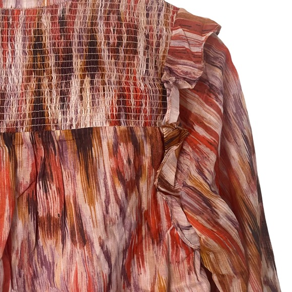 NWT Parker revolve Cotton Ikat smocked blouse with shoulder ruffles tie at neck - Picture 6 of 7